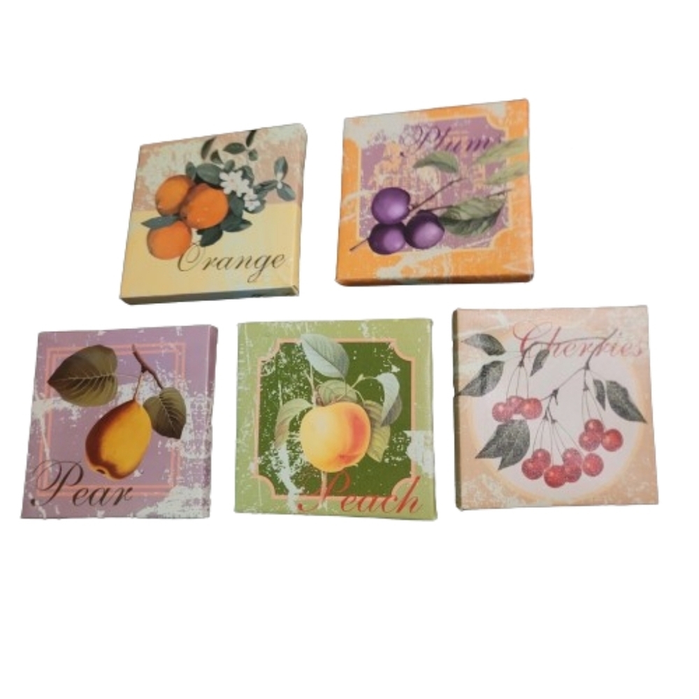 FRUIT WALL HANGINGS small set of 5 orange plum peach cherries pear